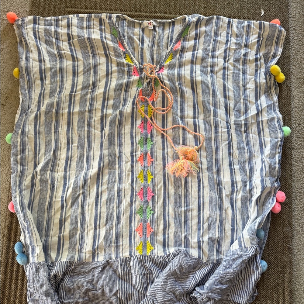 Striped Embroidered Pom-Pom Tunic — Blue & White with Neon Accents